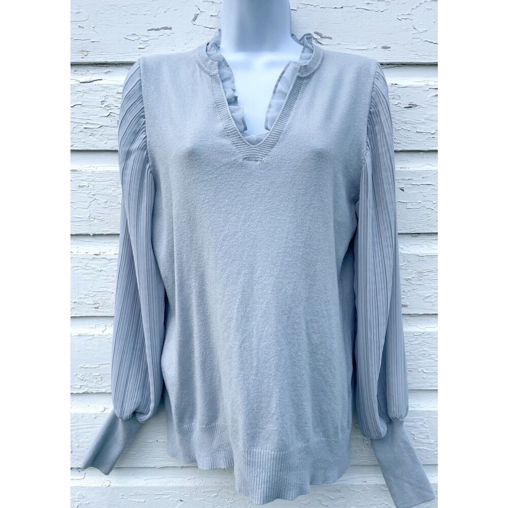 Siani Milano Sweater Womens M Light Gray Ruffle V Neck Accordian Bloused Sleeve